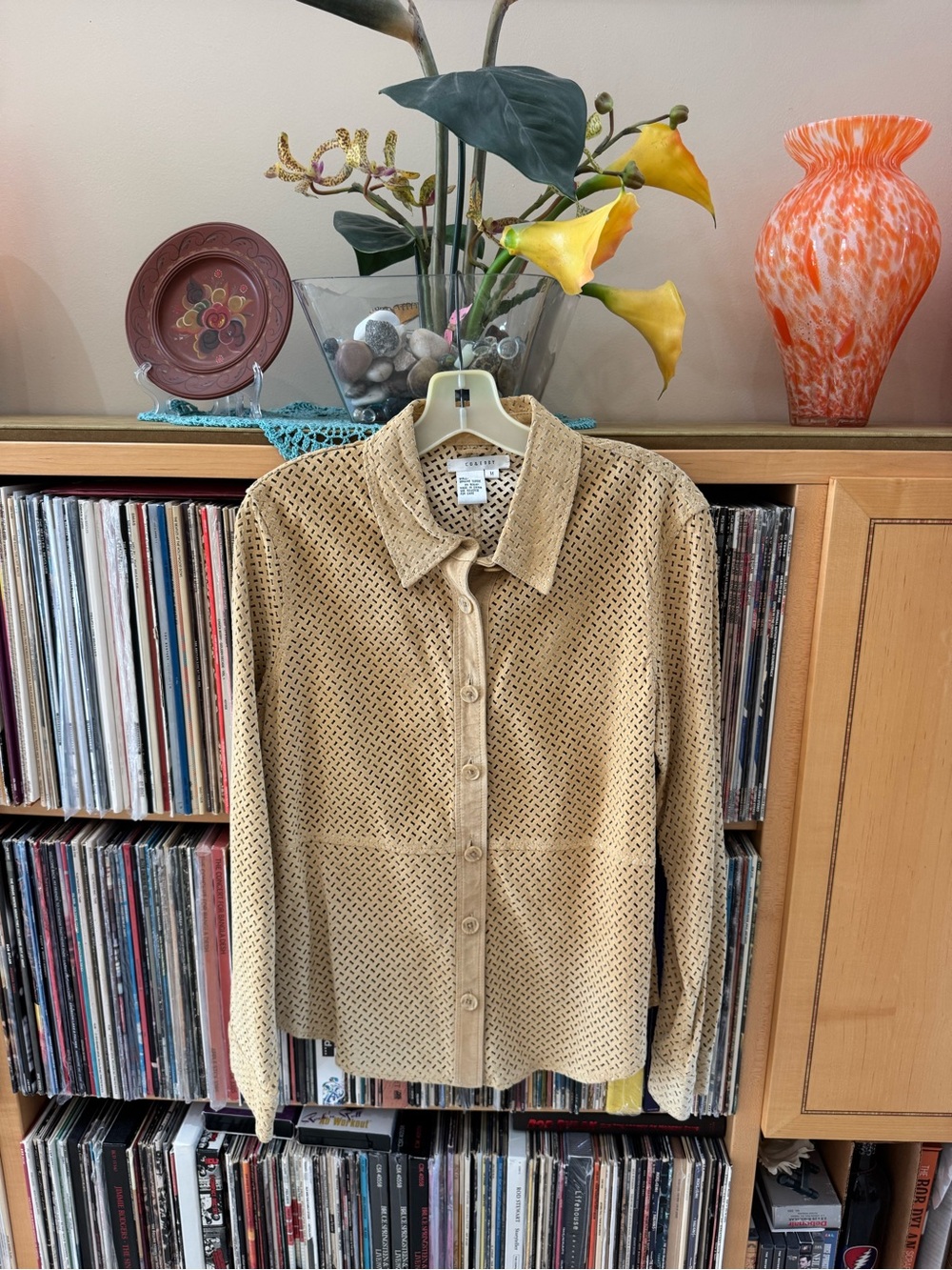 PRICE DROP: CO&EDDY chamois/camel SUEDE BUTTON-DOWN laser-cut SHIRT/JACKET, M